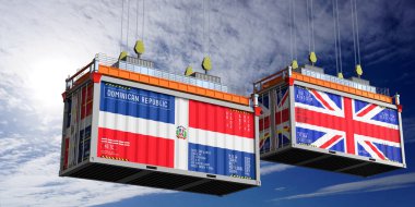 Dominik Cumhuriyeti ve Birleşik Krallık bayraklı nakliye konteynerleri - 3 boyutlu illüstrasyon