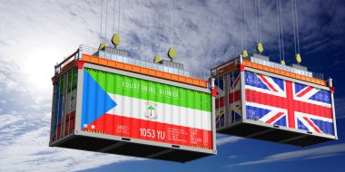 Ekvator Ginesi ve Birleşik Krallık bayraklı nakliye konteynerleri - 3D illüstrasyon