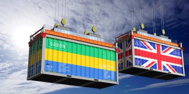 Gabon ve Birleşik Krallık bayraklı nakliye konteynerleri - 3D illüstrasyon
