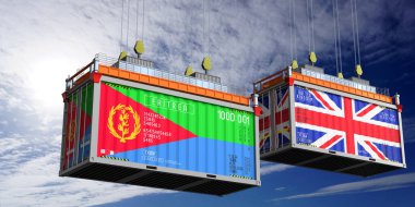 Eritre ve Birleşik Krallık bayraklı nakliye konteynerleri - 3 boyutlu illüstrasyon