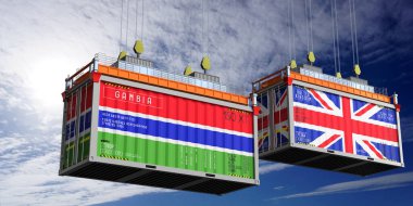 Gambiya ve Birleşik Krallık bayraklı nakliye konteynerleri - 3D illüstrasyon