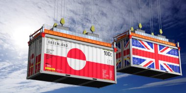 Grönland ve Birleşik Krallık bayraklı nakliye konteynerleri - 3D illüstrasyon