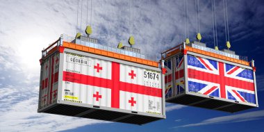 Gürcistan ve Birleşik Krallık bayraklı nakliye konteynerleri - 3D illüstrasyon