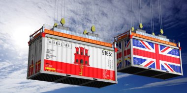 Cebelitarık ve Birleşik Krallık bayraklı nakliye konteynerleri - 3 boyutlu illüstrasyon