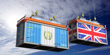 Guatemala ve Birleşik Krallık bayraklı nakliye konteynerleri - 3 boyutlu illüstrasyon