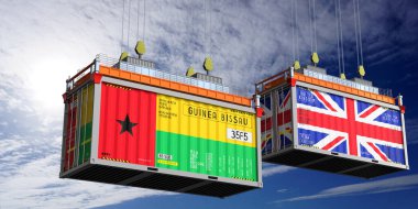 Üzerinde Gine Bissau ve Birleşik Krallık bayrakları olan konteynırlar - 3D illüstrasyon