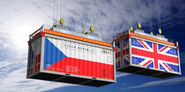 Çek Cumhuriyeti ve Birleşik Krallık bayraklı nakliye konteynerleri - 3 boyutlu illüstrasyon
