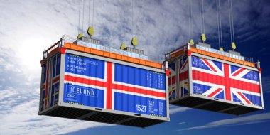 İzlanda ve Birleşik Krallık bayraklı nakliye konteynerleri - 3 boyutlu illüstrasyon