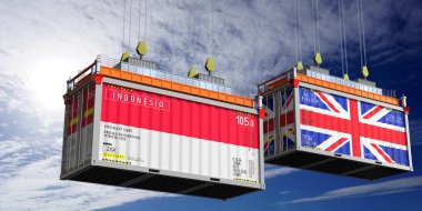 Endonezya ve Birleşik Krallık bayraklı nakliye konteynerleri - 3D illüstrasyon