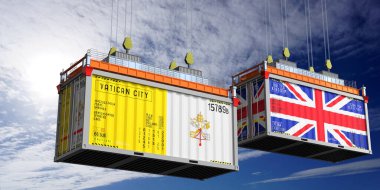 Vatikan ve Birleşik Krallık bayraklı konteynırlar - 3 boyutlu illüstrasyon