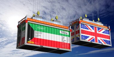 İçinde Kuveyt ve Birleşik Krallık bayrakları olan konteynerler - 3D illüstrasyon