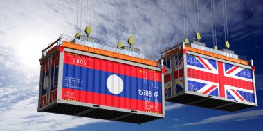 Laos ve Birleşik Krallık bayraklı nakliye konteynerleri - 3D illüstrasyon