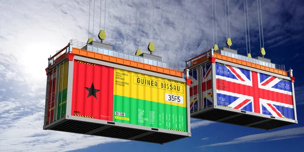 Üzerinde Gine Bissau ve Birleşik Krallık bayrakları olan konteynırlar - 3D illüstrasyon