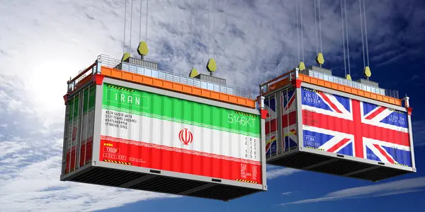 İran ve Birleşik Krallık bayraklı nakliye konteynerleri - 3 boyutlu illüstrasyon