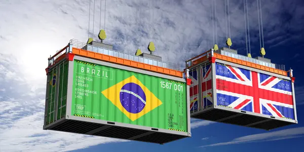 Přepravní Kontejnery Vlajkami Brazílie Velké Británie Ilustrace — Stock fotografie