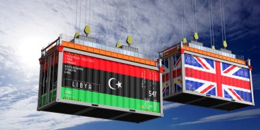 Libya ve Birleşik Krallık bayraklı nakliye konteynerleri - 3D illüstrasyon