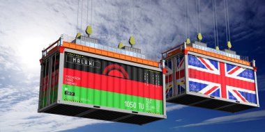Malawi ve Birleşik Krallık bayraklı nakliye konteynerleri - 3D illüstrasyon