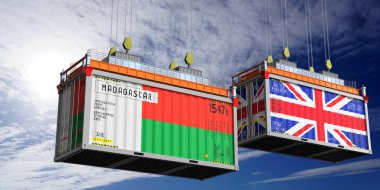 Madagaskar ve Birleşik Krallık bayraklı nakliye konteynerleri - 3 boyutlu illüstrasyon