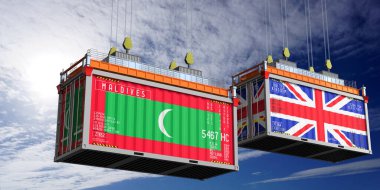 Maldivler ve Birleşik Krallık bayraklı nakliye konteynerleri - 3D illüstrasyon