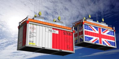 Malta ve Birleşik Krallık bayraklı nakliye konteynerleri - 3D illüstrasyon
