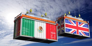 Meksika ve Birleşik Krallık bayraklı nakliye konteynerleri - 3 boyutlu illüstrasyon