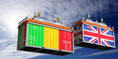 Mali ve Birleşik Krallık bayraklı nakliye konteynerleri - 3D illüstrasyon