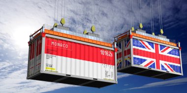 Monako ve Birleşik Krallık bayraklı nakliye konteynerleri - 3 boyutlu illüstrasyon