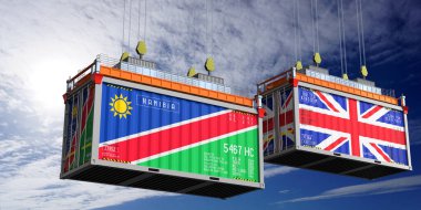 Namibya ve Birleşik Krallık bayraklı nakliye konteynerleri - 3 boyutlu illüstrasyon