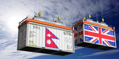 Nepal ve Birleşik Krallık bayraklı nakliye konteynerleri - 3D illüstrasyon