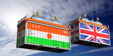 Nijer ve Birleşik Krallık bayraklı nakliye konteynerleri - 3D illüstrasyon