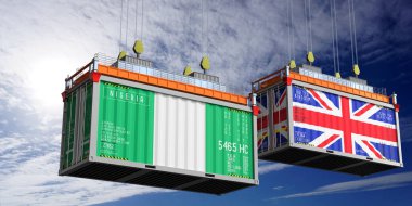 Nijerya ve Birleşik Krallık bayraklı nakliye konteynerleri - 3 boyutlu illüstrasyon