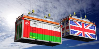 Umman ve Birleşik Krallık bayraklı nakliye konteynerleri - 3 boyutlu illüstrasyon