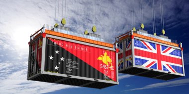 Papua Yeni Gine ve Birleşik Krallık bayraklı nakliye konteynerleri - 3D illüstrasyon