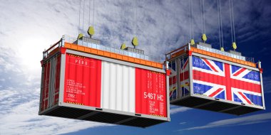Peru ve Birleşik Krallık bayraklı nakliye konteynerleri - 3D illüstrasyon
