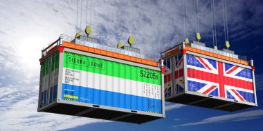 Sierra Leone ve Birleşik Krallık bayraklı nakliye konteynerleri - 3 boyutlu illüstrasyon