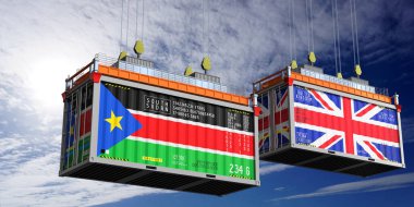 Güney Sudan ve Birleşik Krallık bayraklı nakliye konteynerleri - 3 boyutlu illüstrasyon