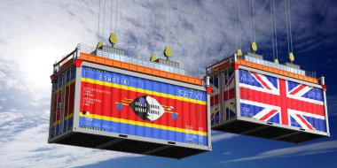 Eswatini ve Birleşik Krallık bayraklı nakliye konteynerleri - 3 boyutlu illüstrasyon