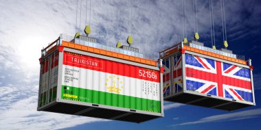 Tacikistan ve Birleşik Krallık bayraklı nakliye konteynerleri - 3D illüstrasyon