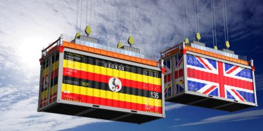 Uganda ve Birleşik Krallık bayraklı nakliye konteynerleri - 3 boyutlu illüstrasyon