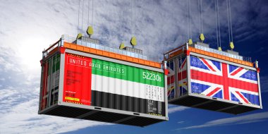 Birleşik Arap Emirlikleri ve Birleşik Krallık bayraklı nakliye konteynerleri - 3 boyutlu illüstrasyon