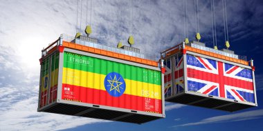Etiyopya ve Birleşik Krallık bayraklı nakliye konteynerleri - 3 boyutlu illüstrasyon