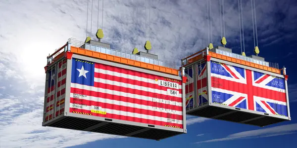 Liberya ve Birleşik Krallık bayraklı nakliye konteynerleri - 3D illüstrasyon