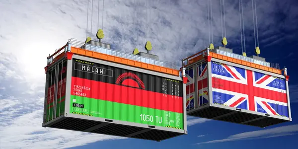Malawi ve Birleşik Krallık bayraklı nakliye konteynerleri - 3D illüstrasyon