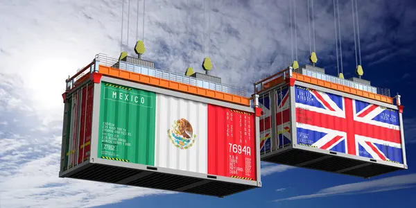 Meksika ve Birleşik Krallık bayraklı nakliye konteynerleri - 3 boyutlu illüstrasyon