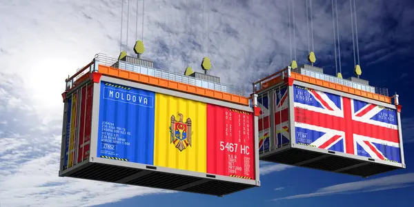 Moldova ve Birleşik Krallık bayraklı nakliye konteynerleri - 3D illüstrasyon