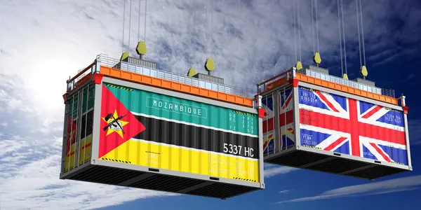 Mozambik ve Birleşik Krallık bayraklı nakliye konteynerleri - 3D illüstrasyon