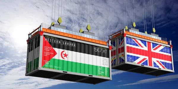 Batı Sahra ve Birleşik Krallık bayraklı nakliye konteynerleri - 3 boyutlu illüstrasyon