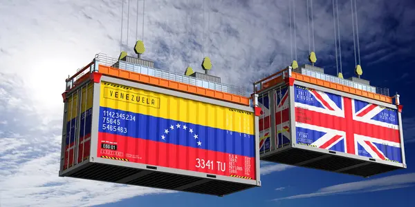 Venezuela ve Birleşik Krallık bayraklı nakliye konteynerleri - 3 boyutlu illüstrasyon