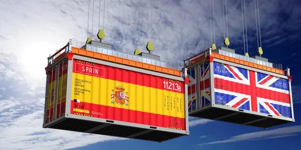 İspanya ve Birleşik Krallık bayraklı nakliye konteynerleri - 3D illüstrasyon
