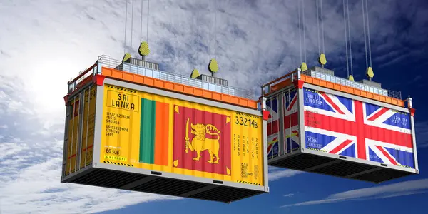 Sri Lanka ve Birleşik Krallık bayraklı nakliye konteynerleri - 3D illüstrasyon